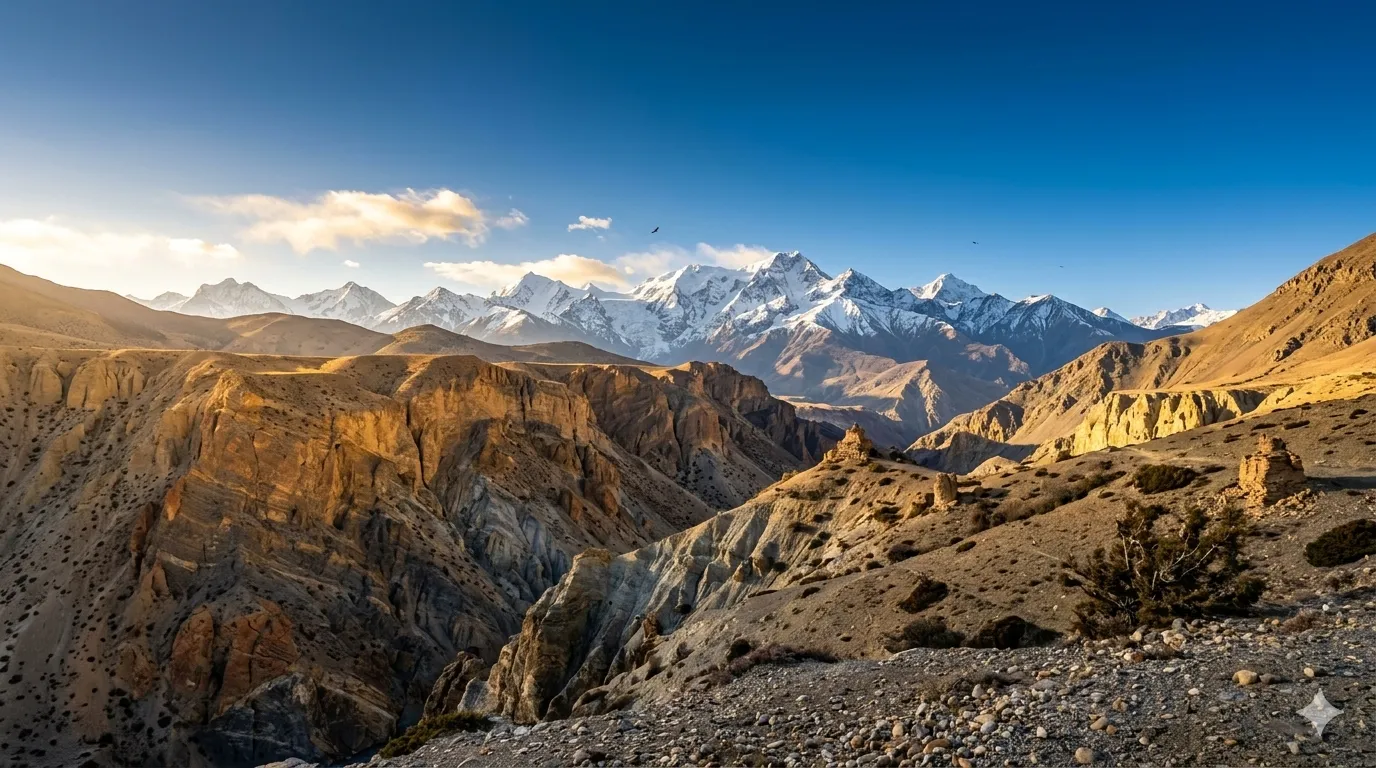 Golden-hour light over the canyons and snow peaks of Dolpo, Nepal