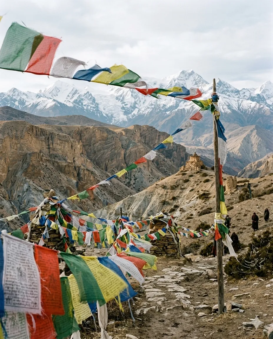 Prayer flags and snow peaks above the trans-Himalayan terrain of Dolpo, Nepal