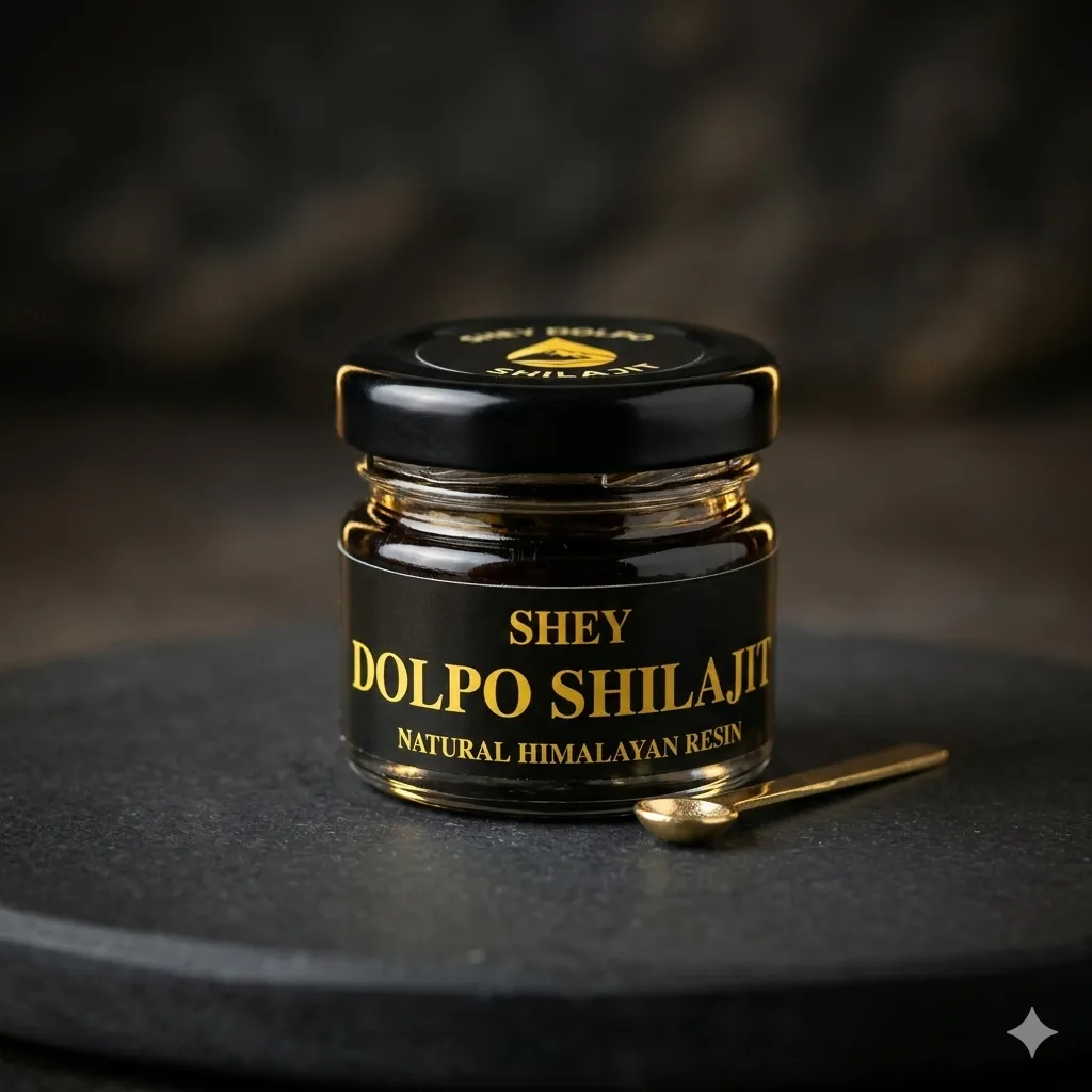 Shey Dolpo Shilajit Resin — black glass jar of Himalayan shilajit resin
