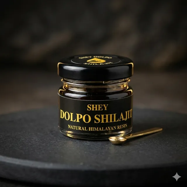 Shey Dolpo Shilajit Resin — black glass jar of Himalayan shilajit resin
