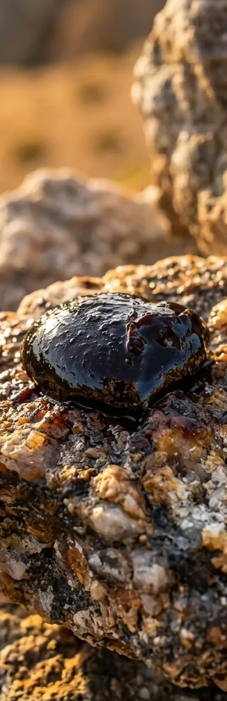 Crude shilajit resin seeping from Himalayan rock
