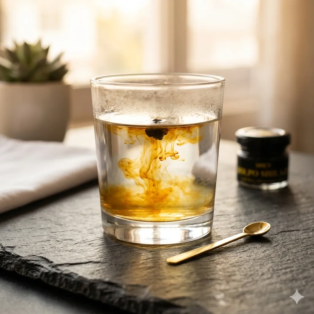 Shilajit resin dissolving into a glass of warm water, golden swirl
