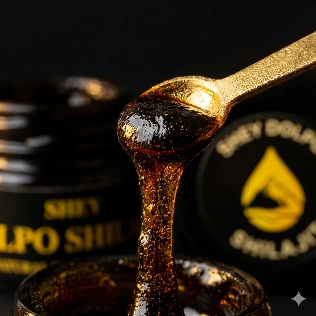 Golden Himalayan shilajit resin stretching from a spoon over the open Shey Dolpo jar